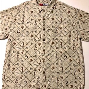 Reel Legends 100% SILK machine wash Mens XL Short Sleeve Camp Shirt Fish Print